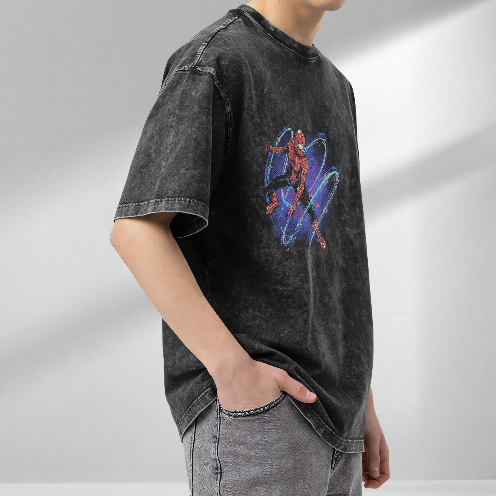 Washed black oversized t-shirt with Spider-Man graphic print