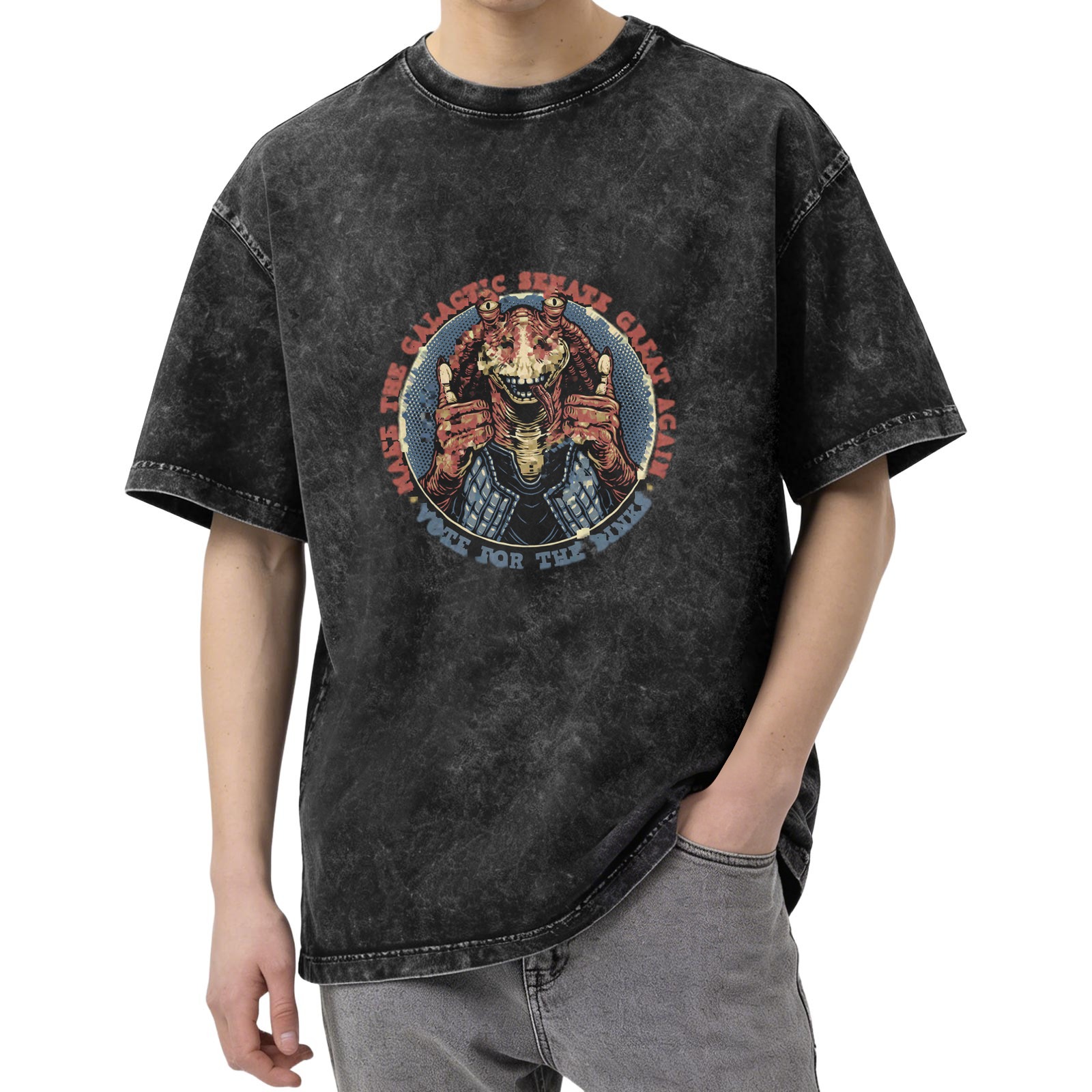 Washed Black T-Shirt With Jar Jar Binks Galactic Senate Political Print