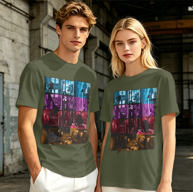 Olive T-Shirt With Vibrant Neon City Alley Graphic Print