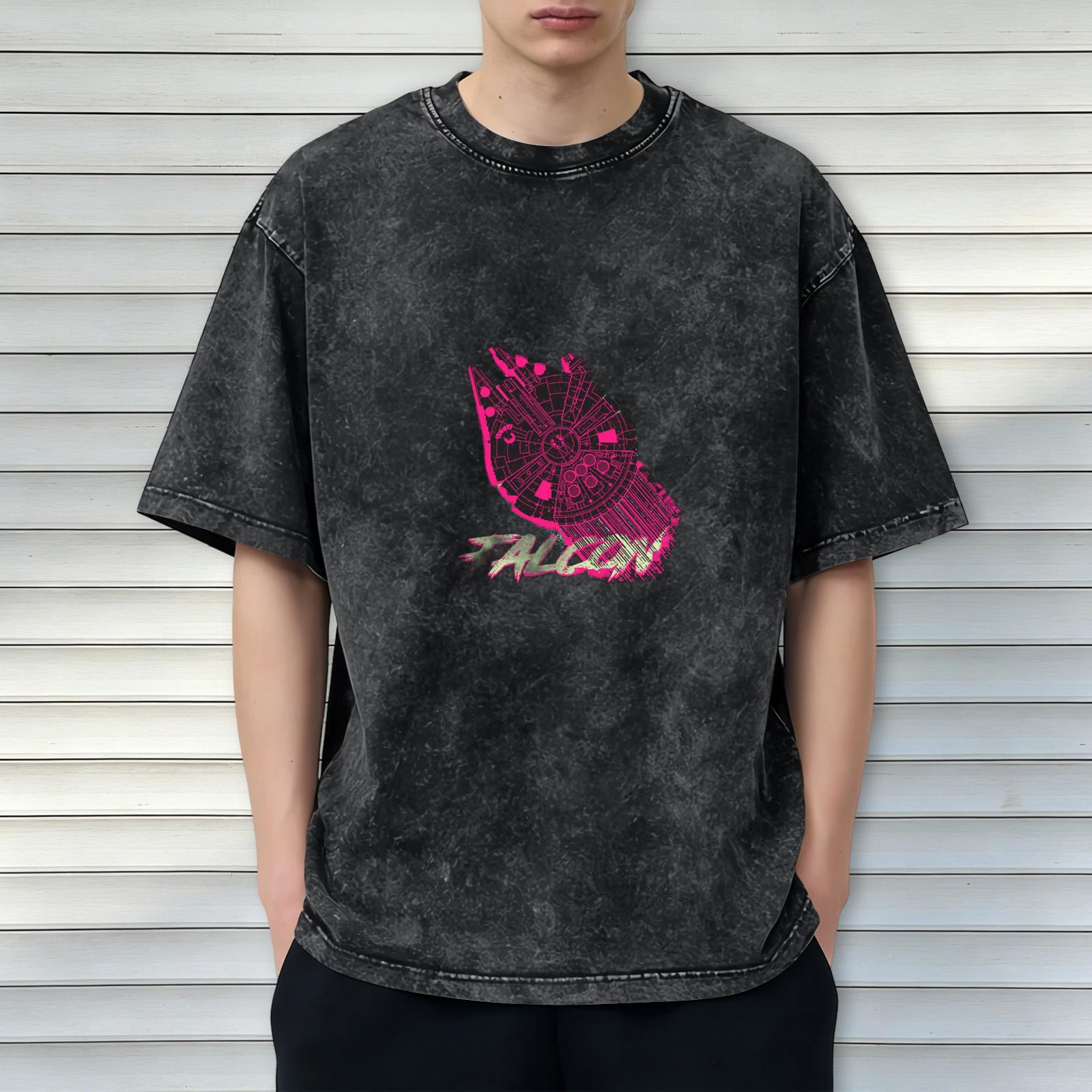 Distressed black short-sleeved T-shirt, pink Millennium Falcon pattern on the chest, FALCON print, loose fit