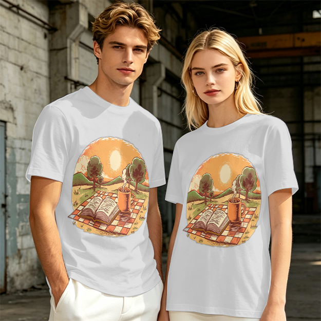 Olive T-Shirt with Sunset Picnic Book and Coffee Art