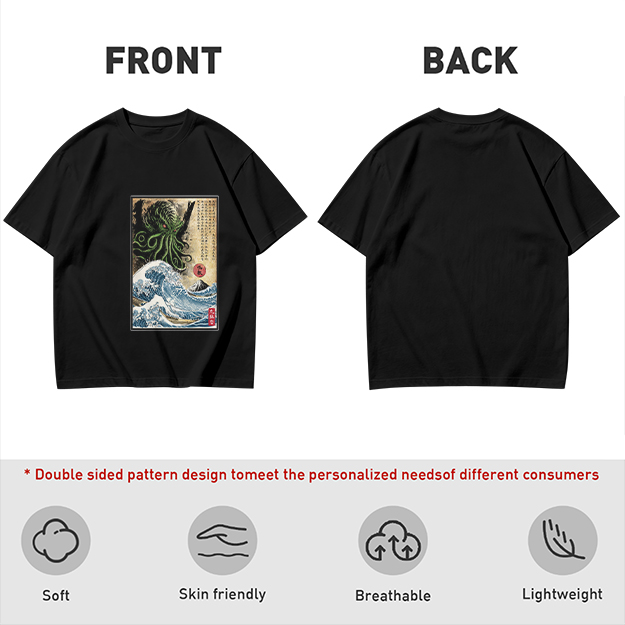 Olive T-shirt with Cthulhu Great Wave Japanese Art Print
