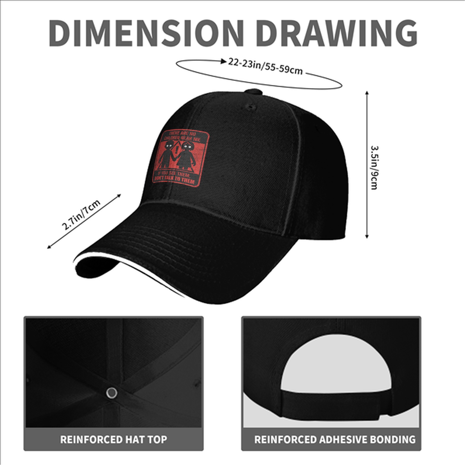 Black baseball cap with warning children graphic and text
