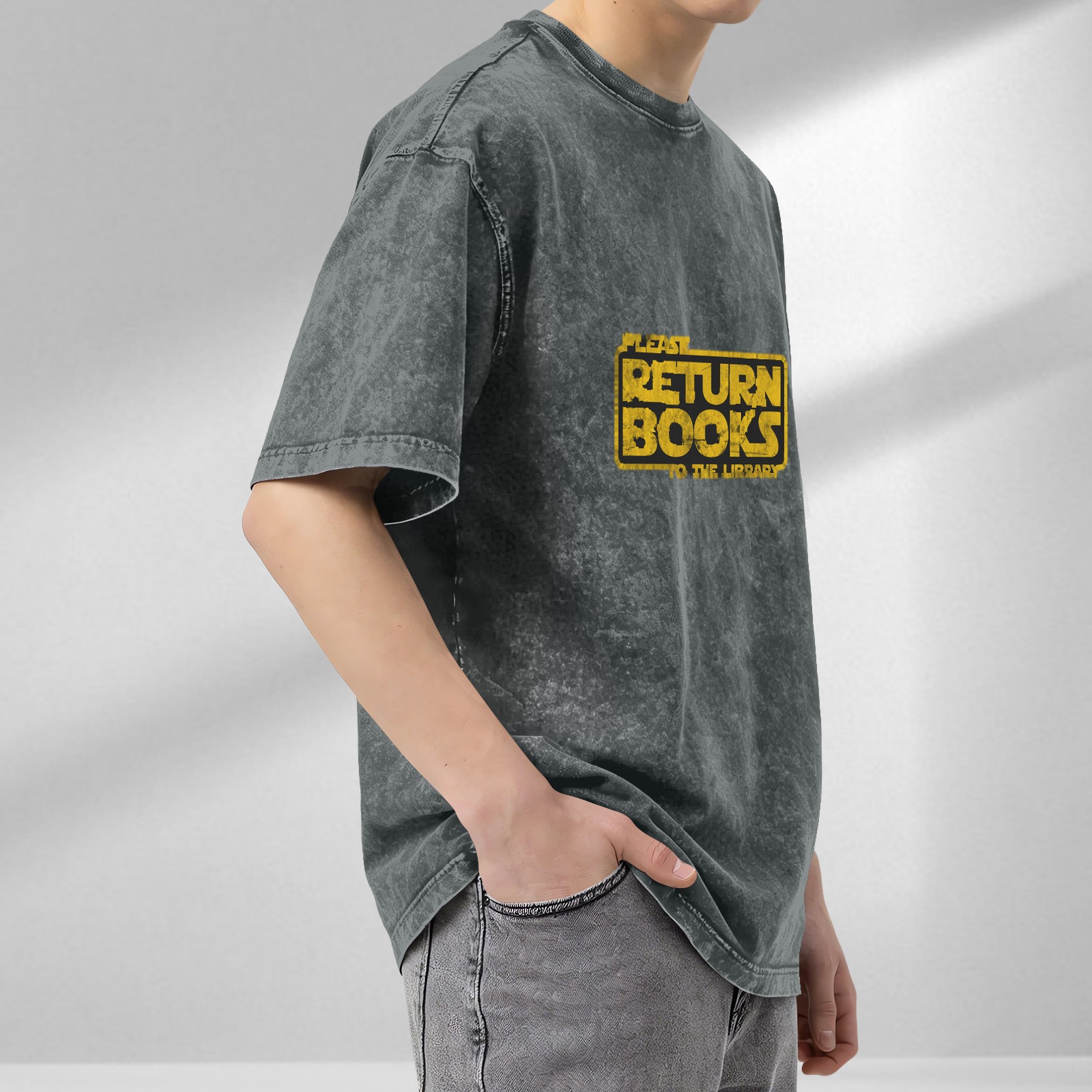 Washed Black T-Shirt With Star Wars Style Return Books Library Text