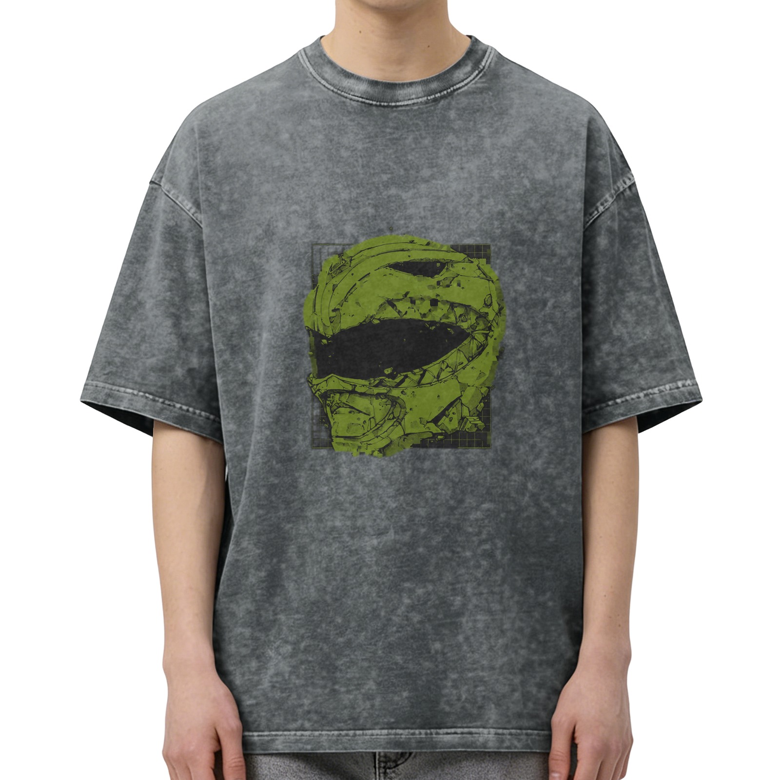Washed black oversized t-shirt with green damaged helmet graphic