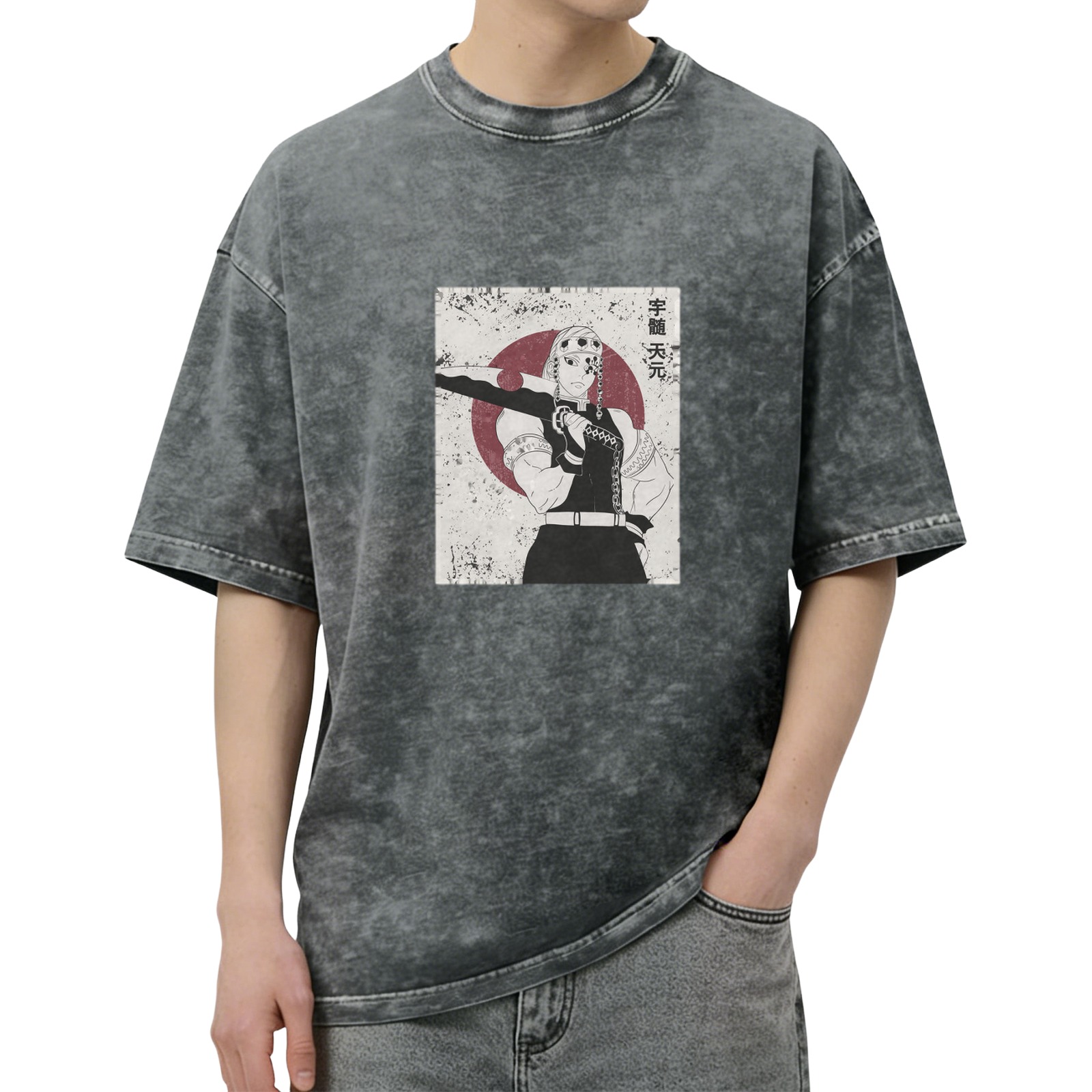 Demon Slayer: Kimetsu no Yaiba Umui Tengen themed distressed washed black short-sleeved T-shirt