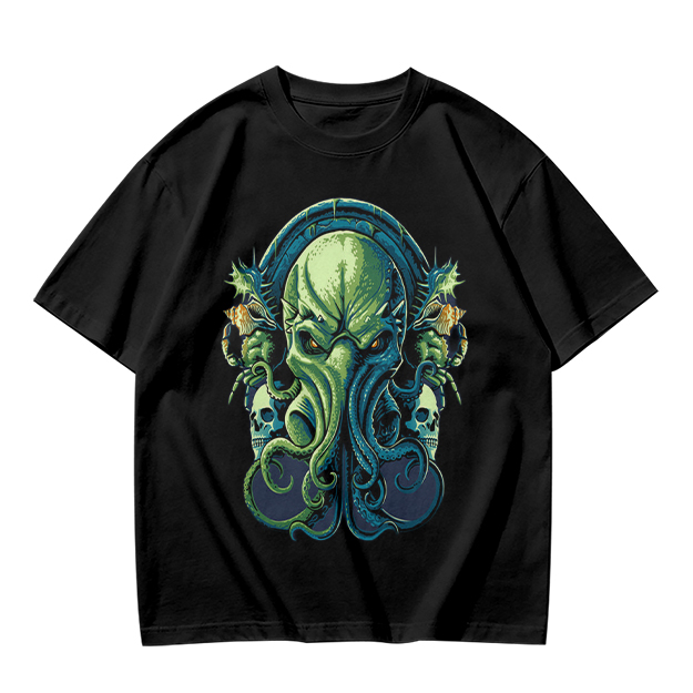 Olive Green T-Shirt With Cthulhu Skull Graphic Print