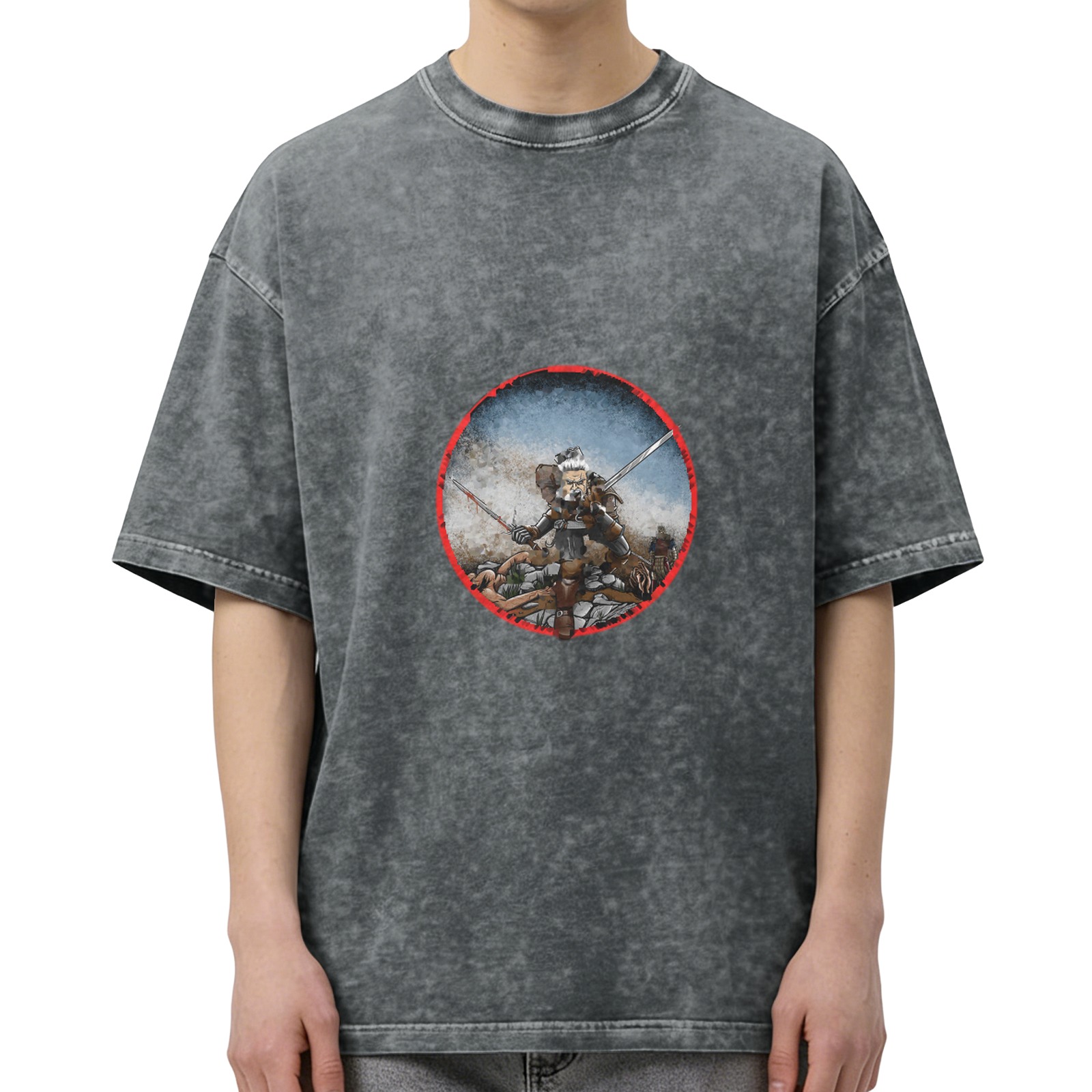 Oversized dark washed t-shirt with warrior in red circle graphic