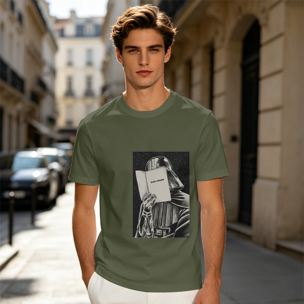 Olive T-shirt with Darth Vader reading a book graphic