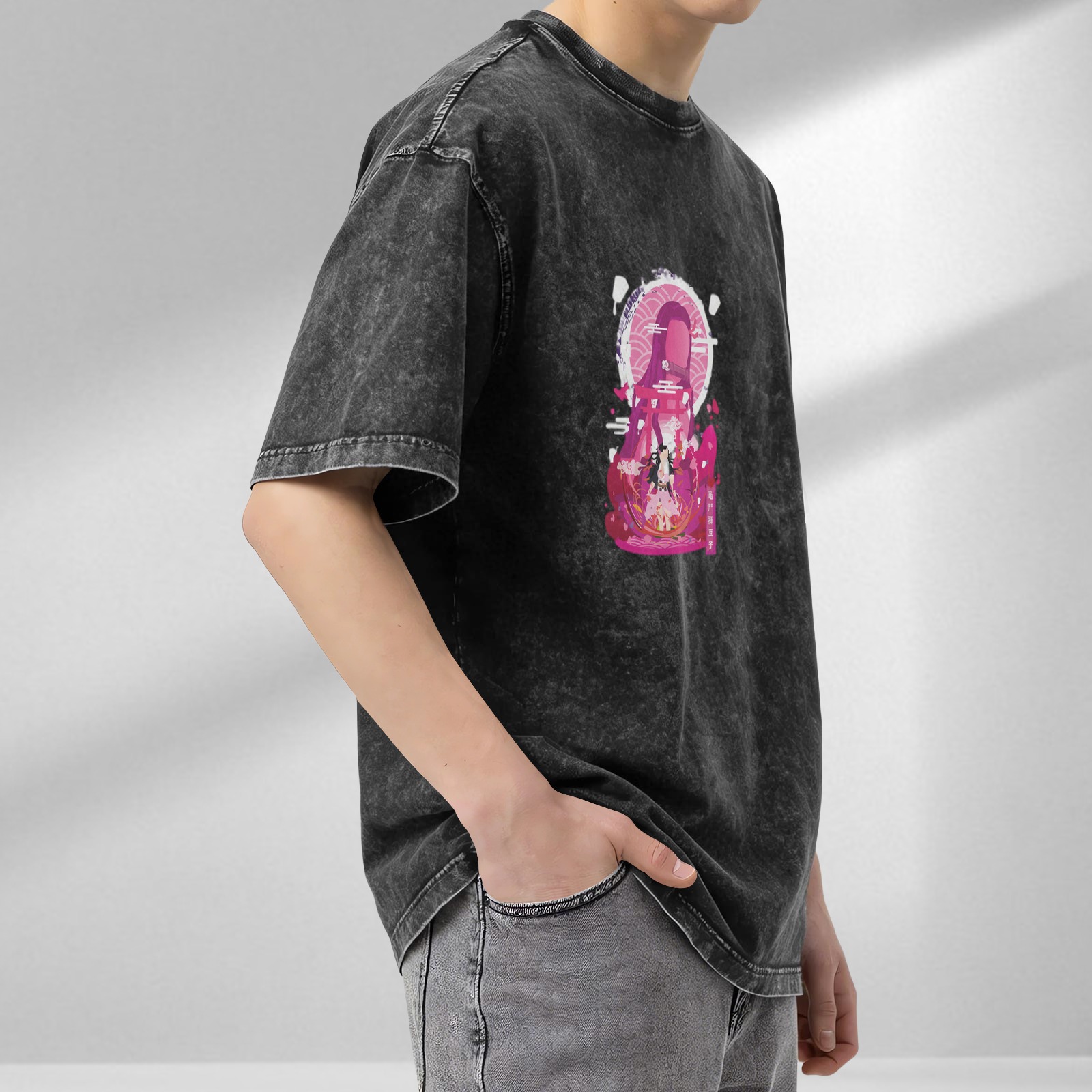 Demon Slayer: Kimetsu no Yaiba Nezuko themed old washed black loose short-sleeved T-shirt
