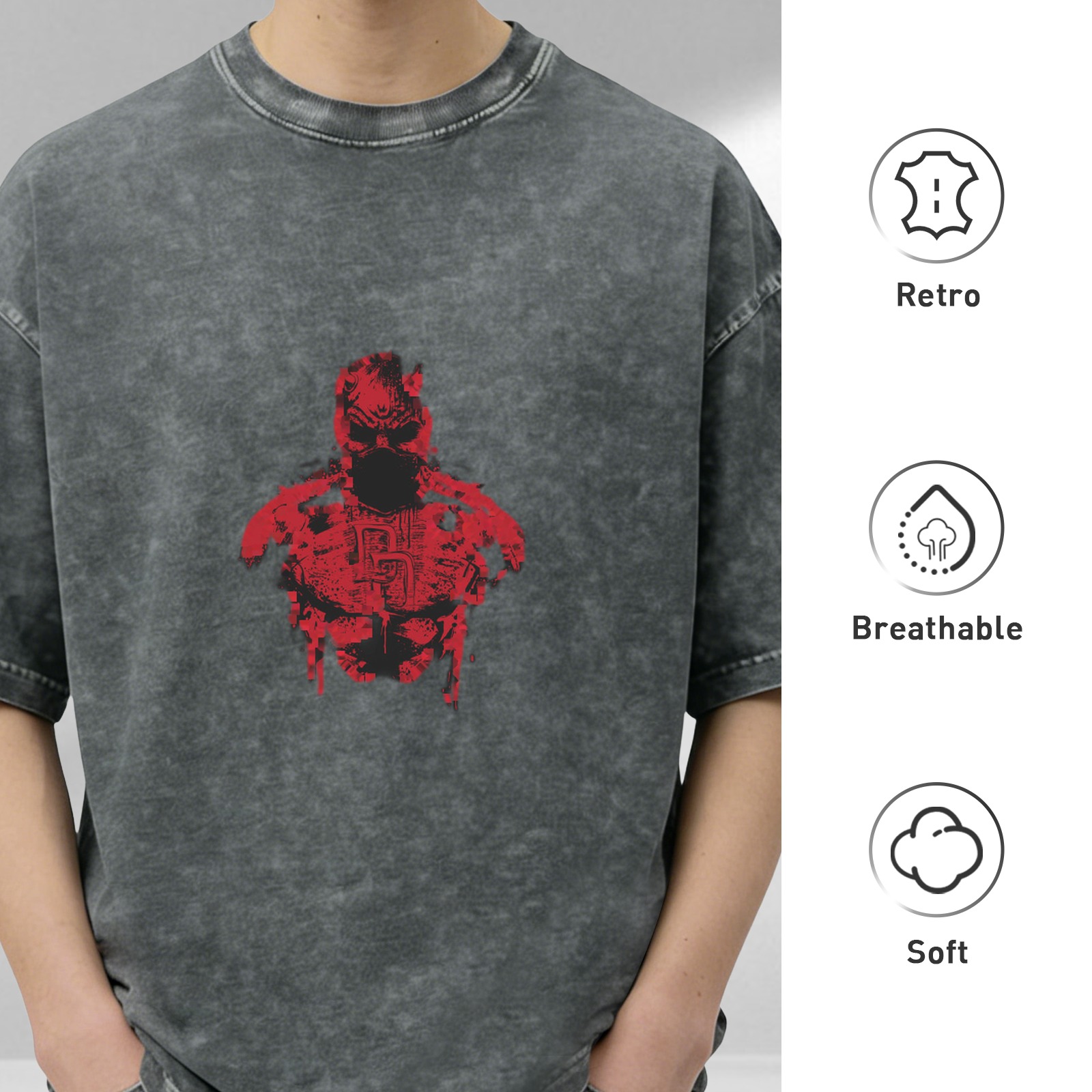 Washed Black T-Shirt With Red Superhero Graphic Print