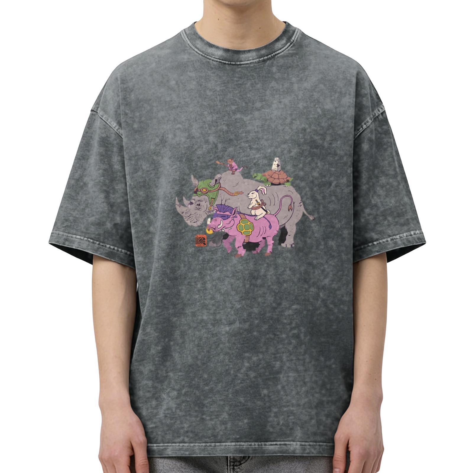 Washed black graphic t-shirt with fantasy animal characters print