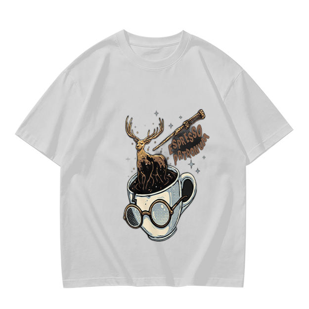 Olive T-Shirt with Espresso Patronum Deer Coffee Cup Art