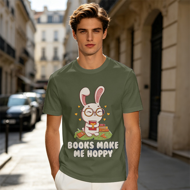 Olive T-Shirt With Cute Bunny Reading Books 'Books Make Me Hoppy' Print