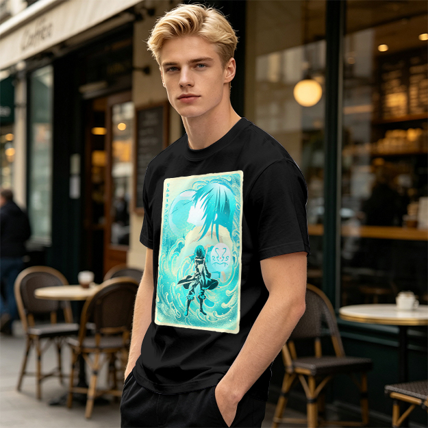 Anime character water design graphic dark green t-shirt