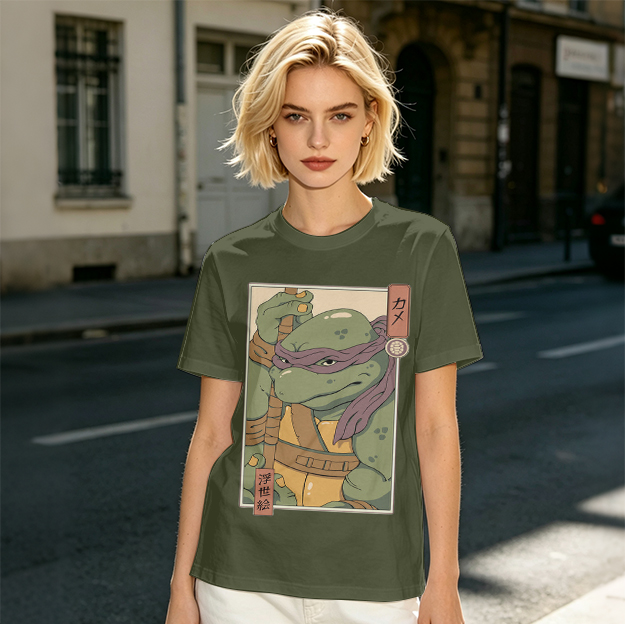 Olive T-shirt with Ukiyo-e style Donatello graphic print