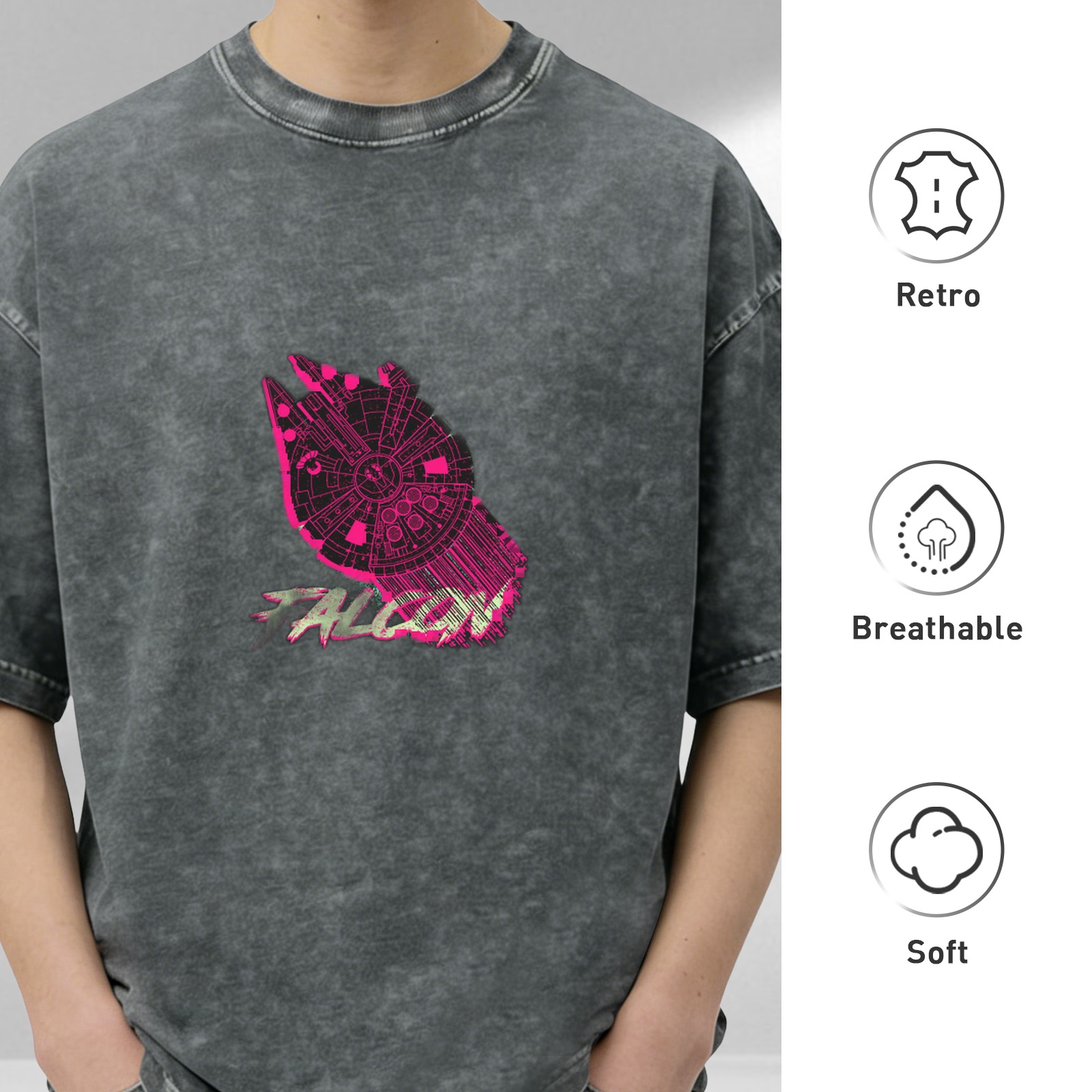 Distressed black short-sleeved T-shirt, pink Millennium Falcon pattern on the chest, FALCON print, loose fit