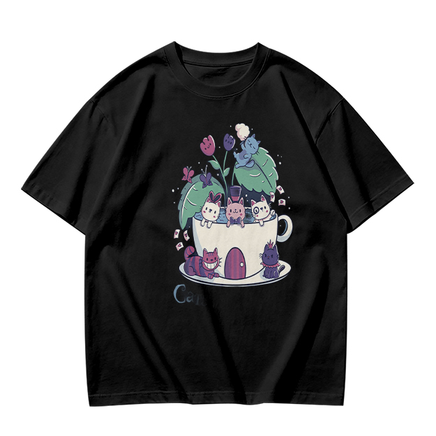 Olive T-Shirt With Whimsical Teacup Kitten Garden Print