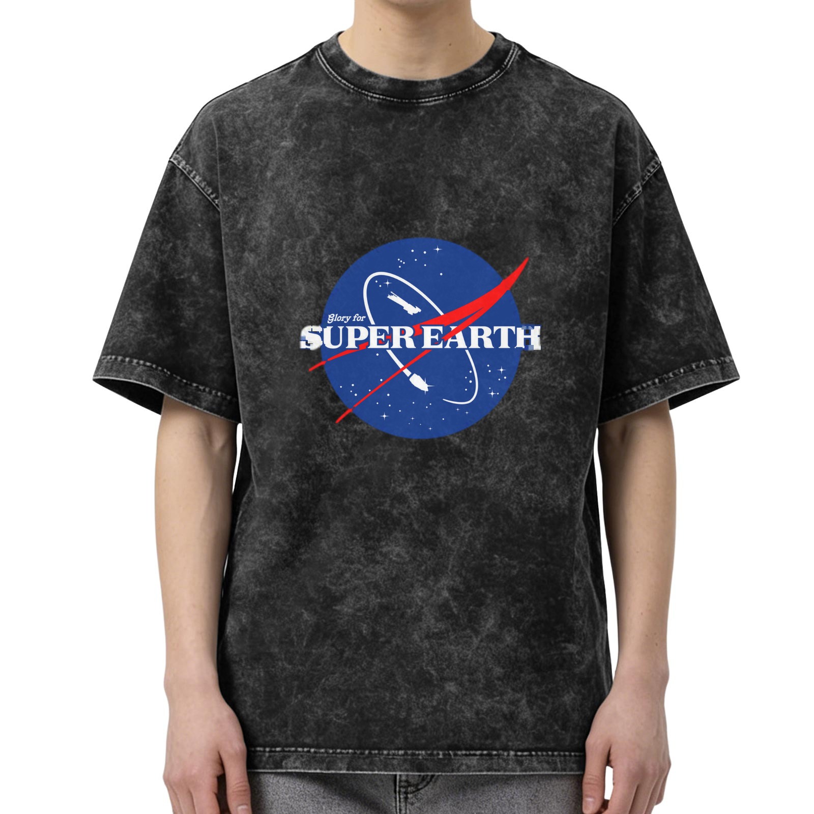 Oversized Stone Wash T-shirt with 'Glory for Super Earth' NASA-style Graphic Print
