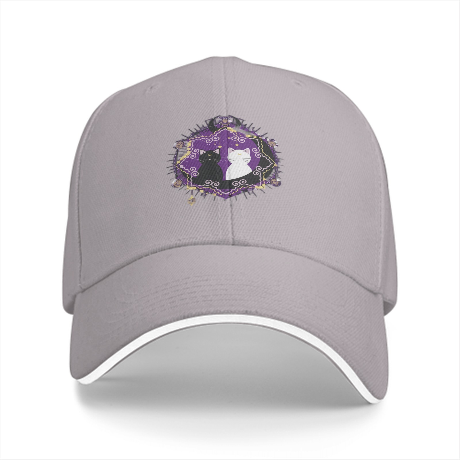 Black baseball cap with purple star cat graphic design
