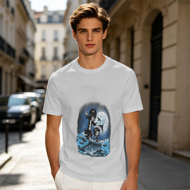 Olive T-Shirt With Gothic Moonlit Water Creature Graphic Print