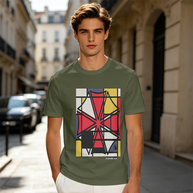 Olive T-Shirt with Mondrian-style Geometric Abstract Graphic Print