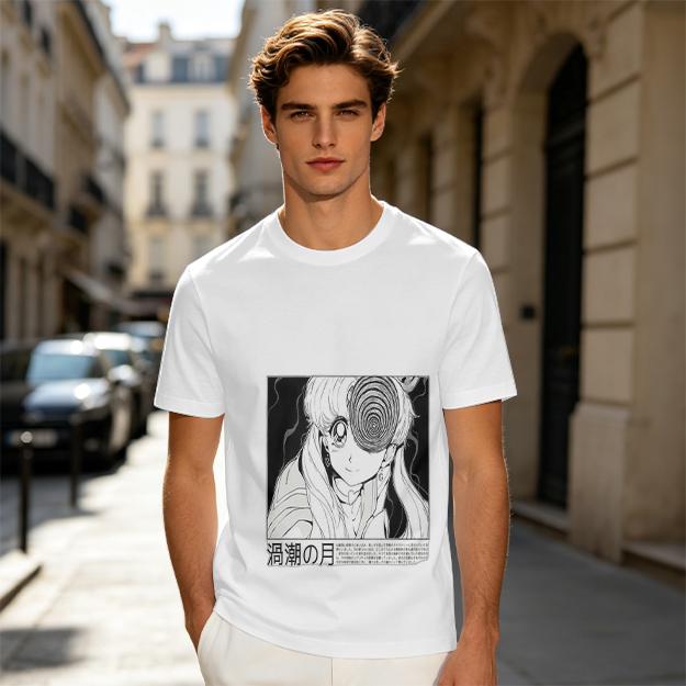 Olive anime graphic t-shirt with spiral eye design