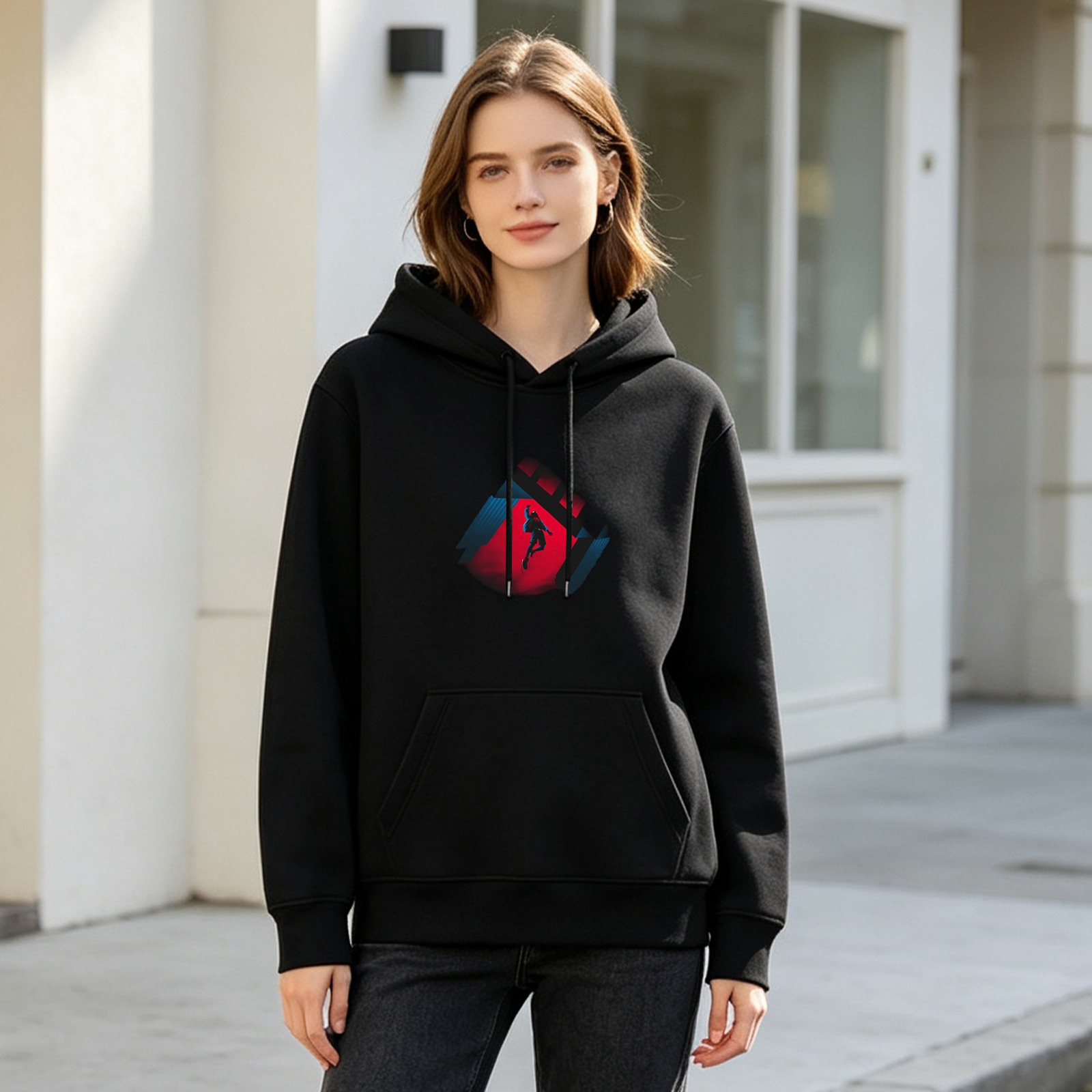 Black hoodie with spider-themed graphic design