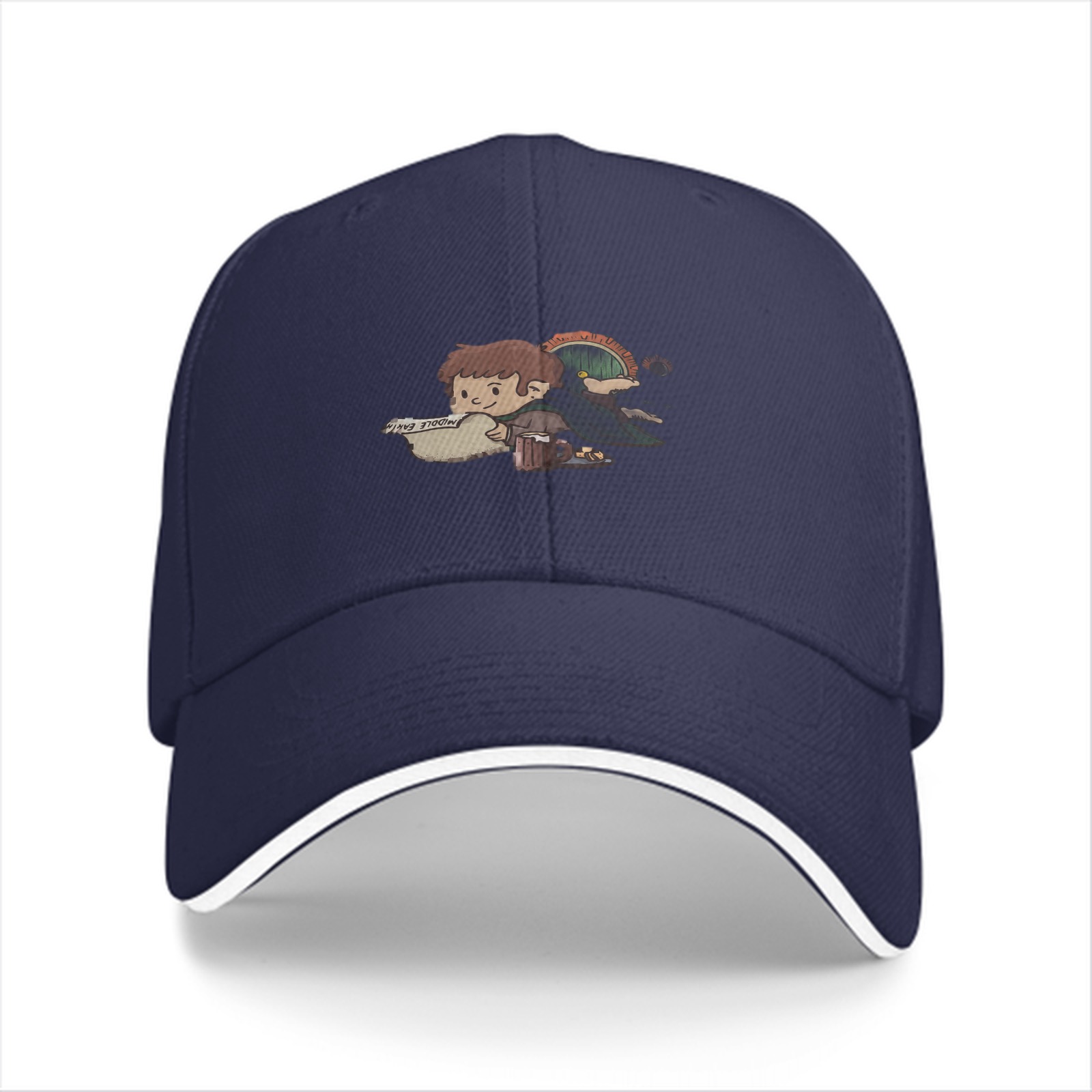 Black Baseball Cap with Cute Hobbit Character Print