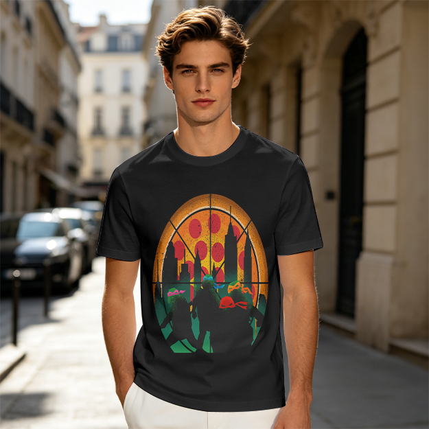 Olive T-Shirt With Ninja Turtles Pizza City Silhouette Print