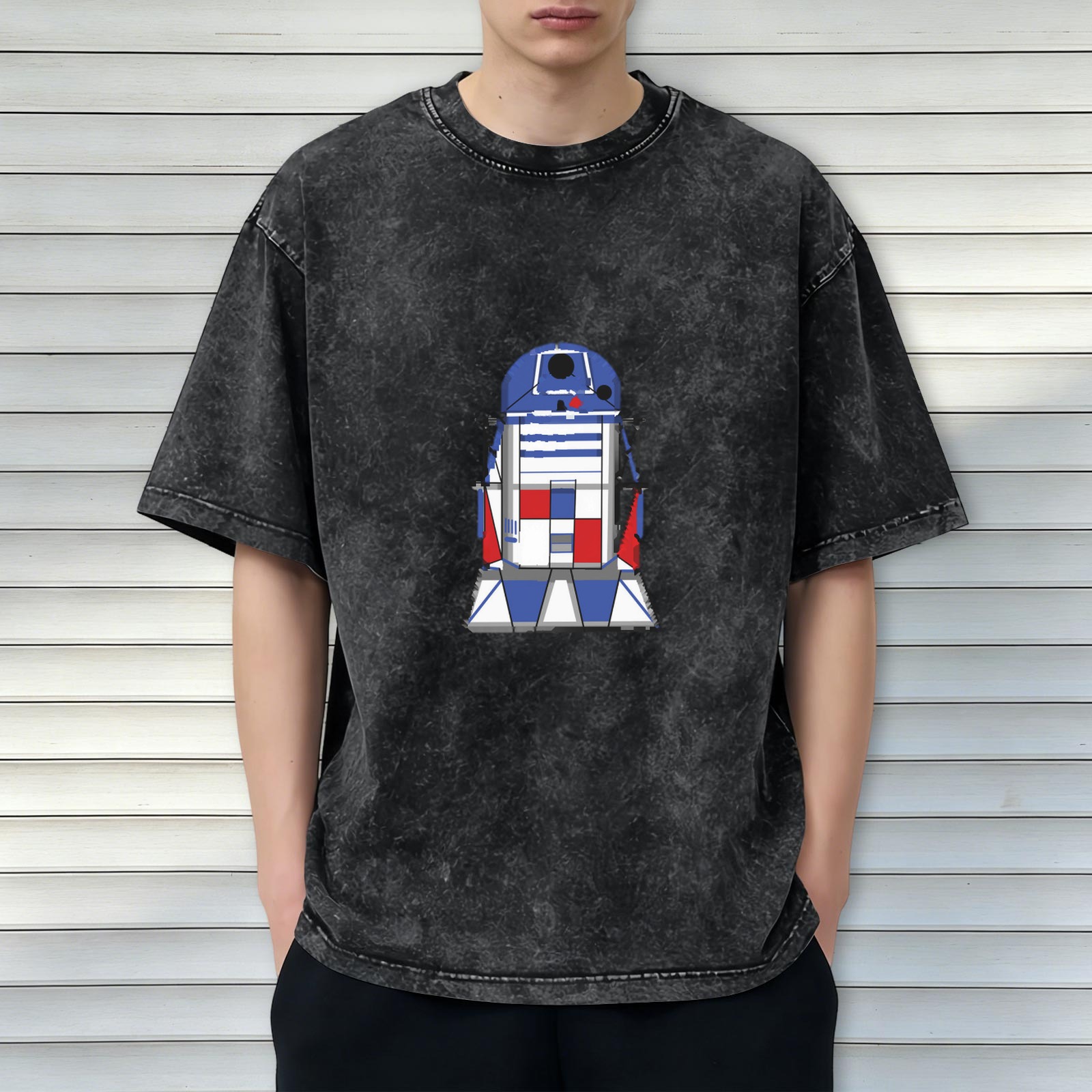 Washed Black T-Shirt with R2-D2 Graphic Print