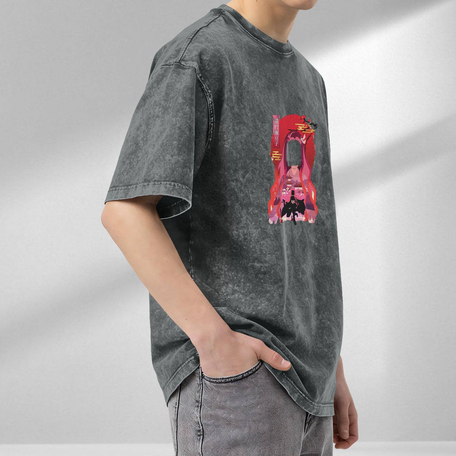 Washed Black Anime Graphic T-Shirt with Japanese Art Design
