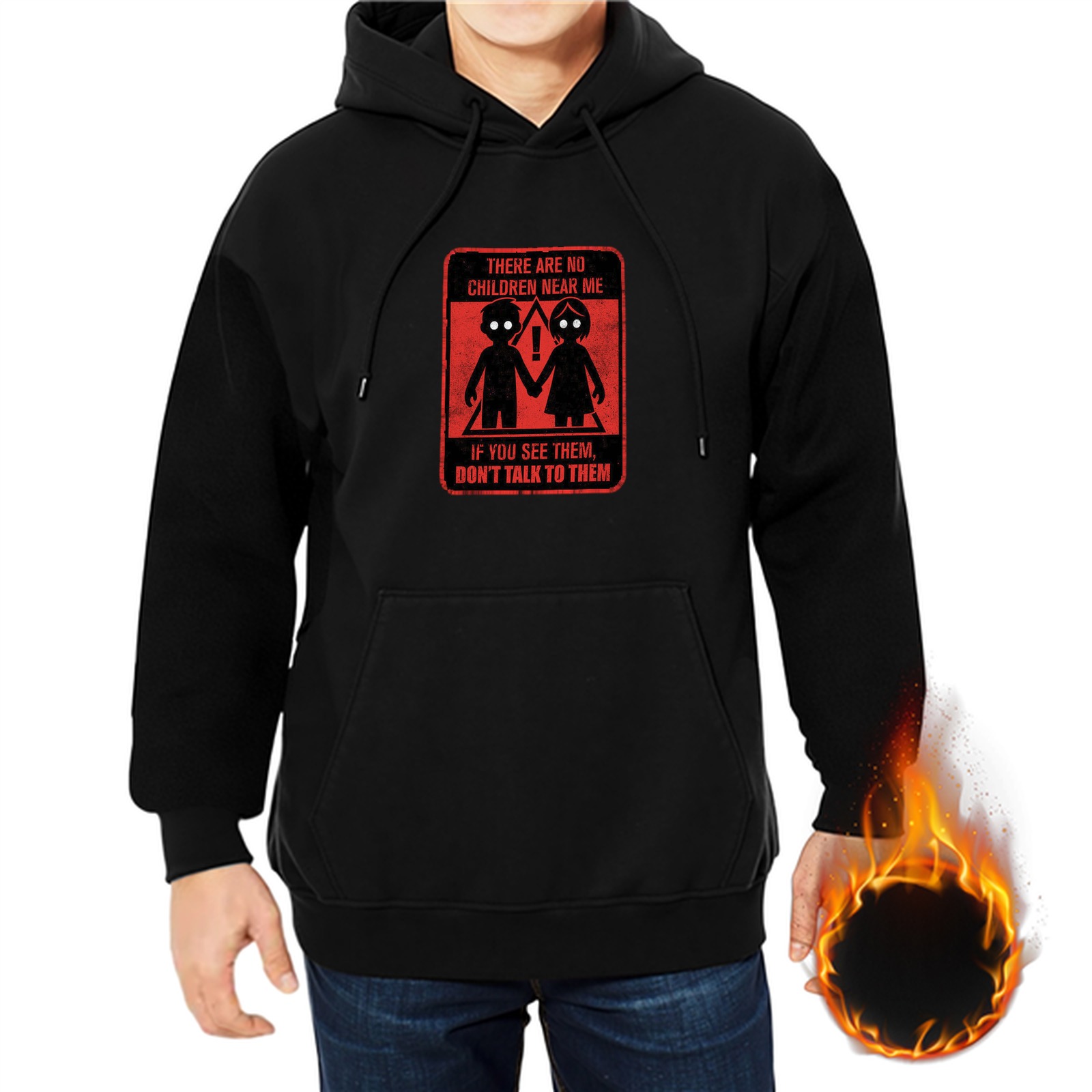 Black hoodie with horror children warning graphic print