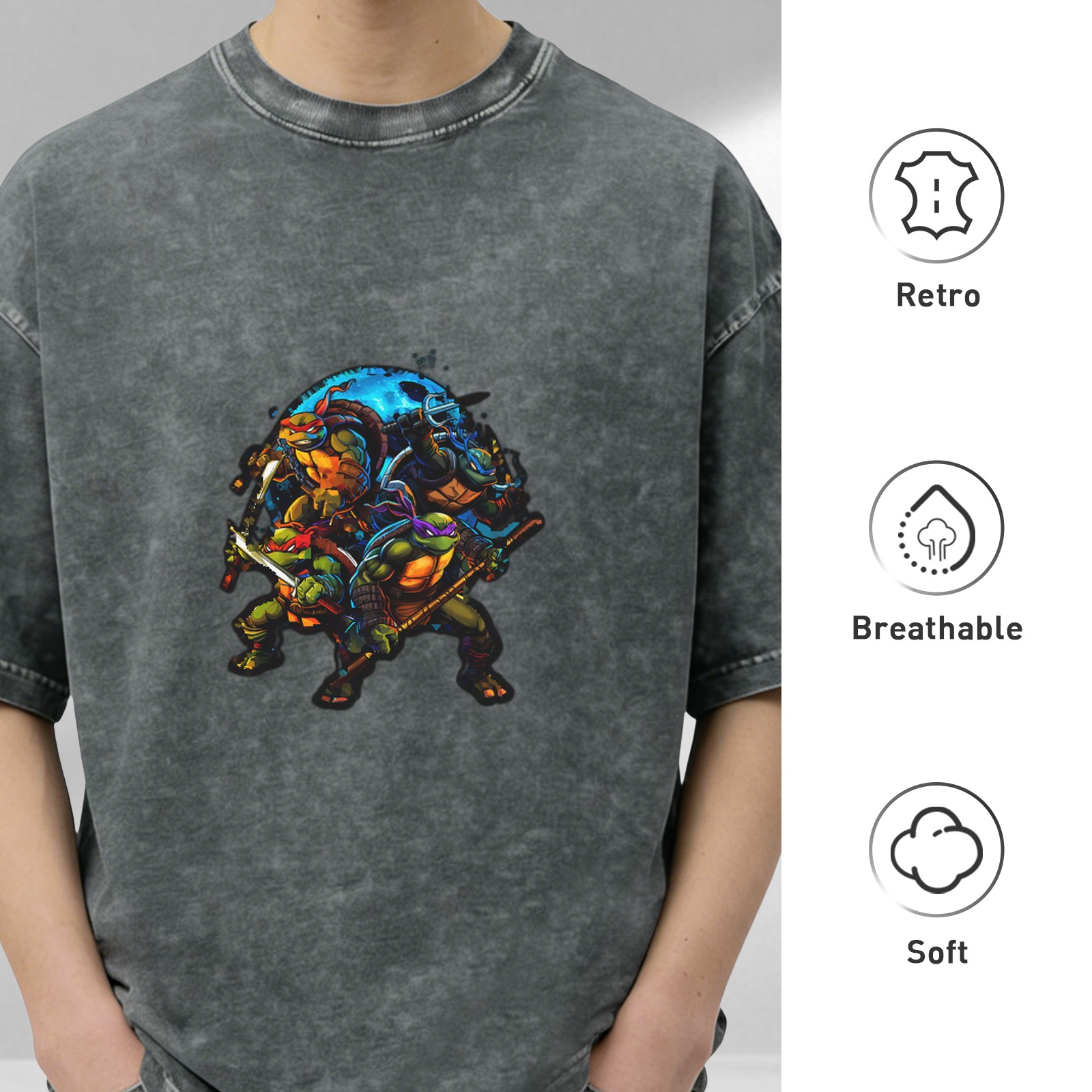 Oversized Dark Wash T-Shirt with Teenage Mutant Ninja Turtles Graphic