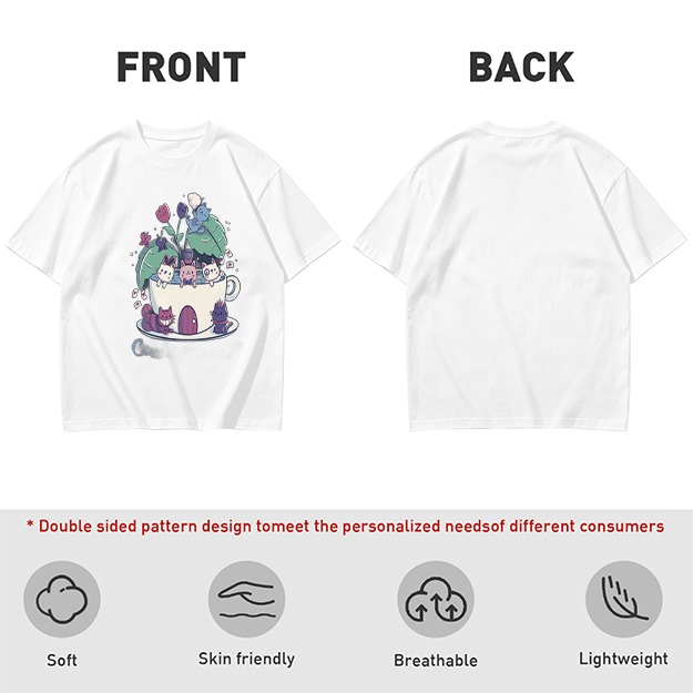 Olive T-Shirt With Whimsical Teacup Kitten Garden Print