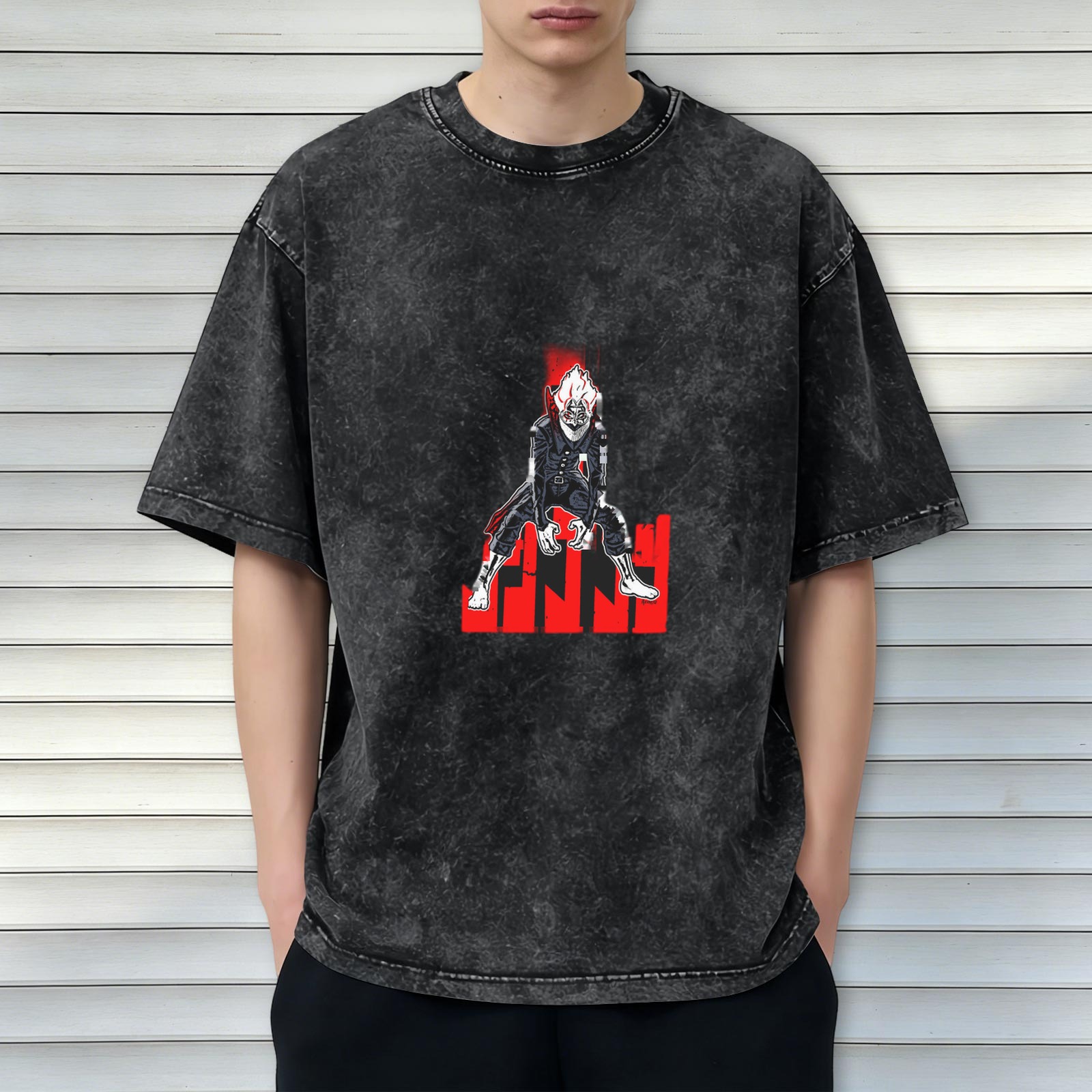 Oversized dark washed graphic t-shirt with anime villain print