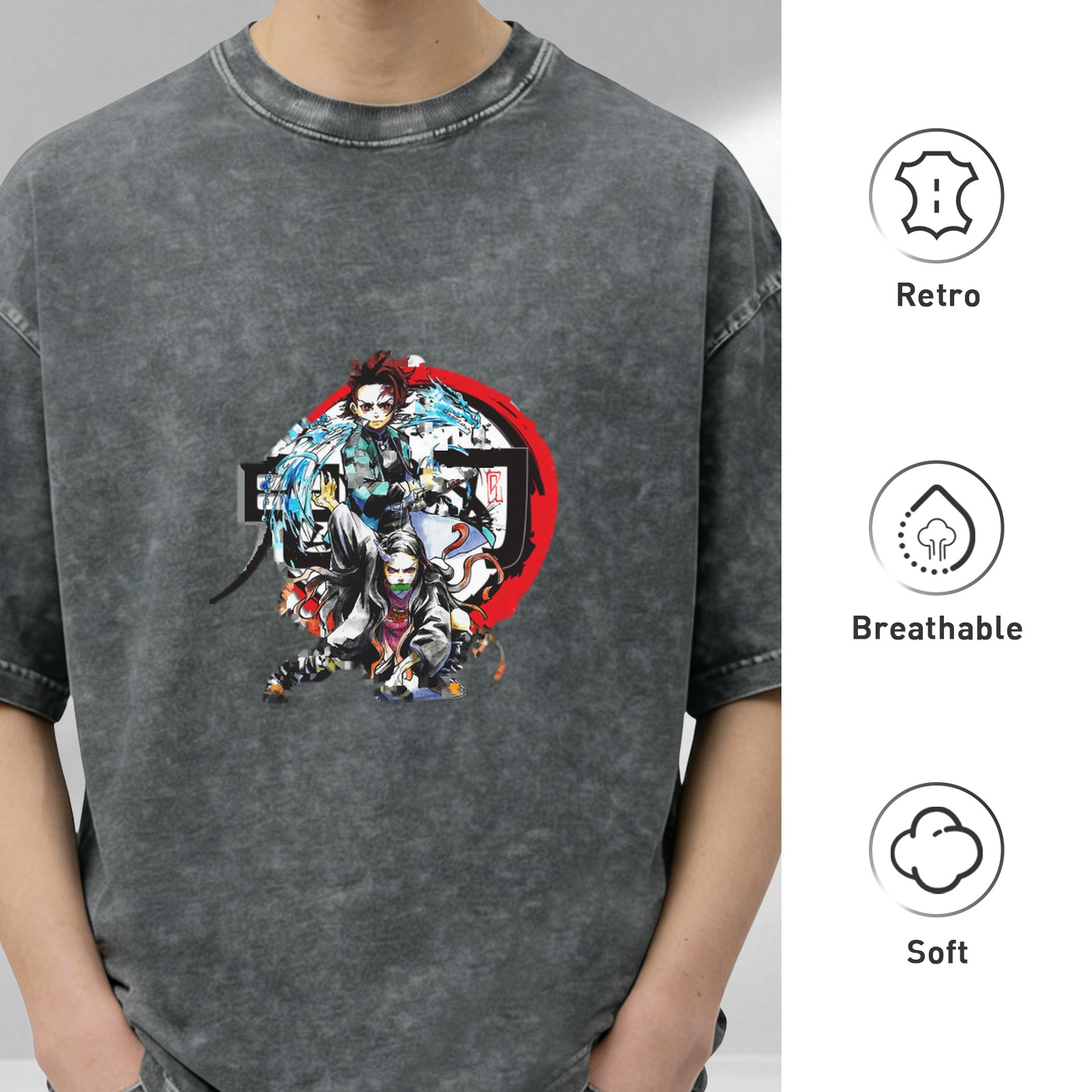 Demon Slayer Anime Graphic Oversized Stone Wash T-Shirt