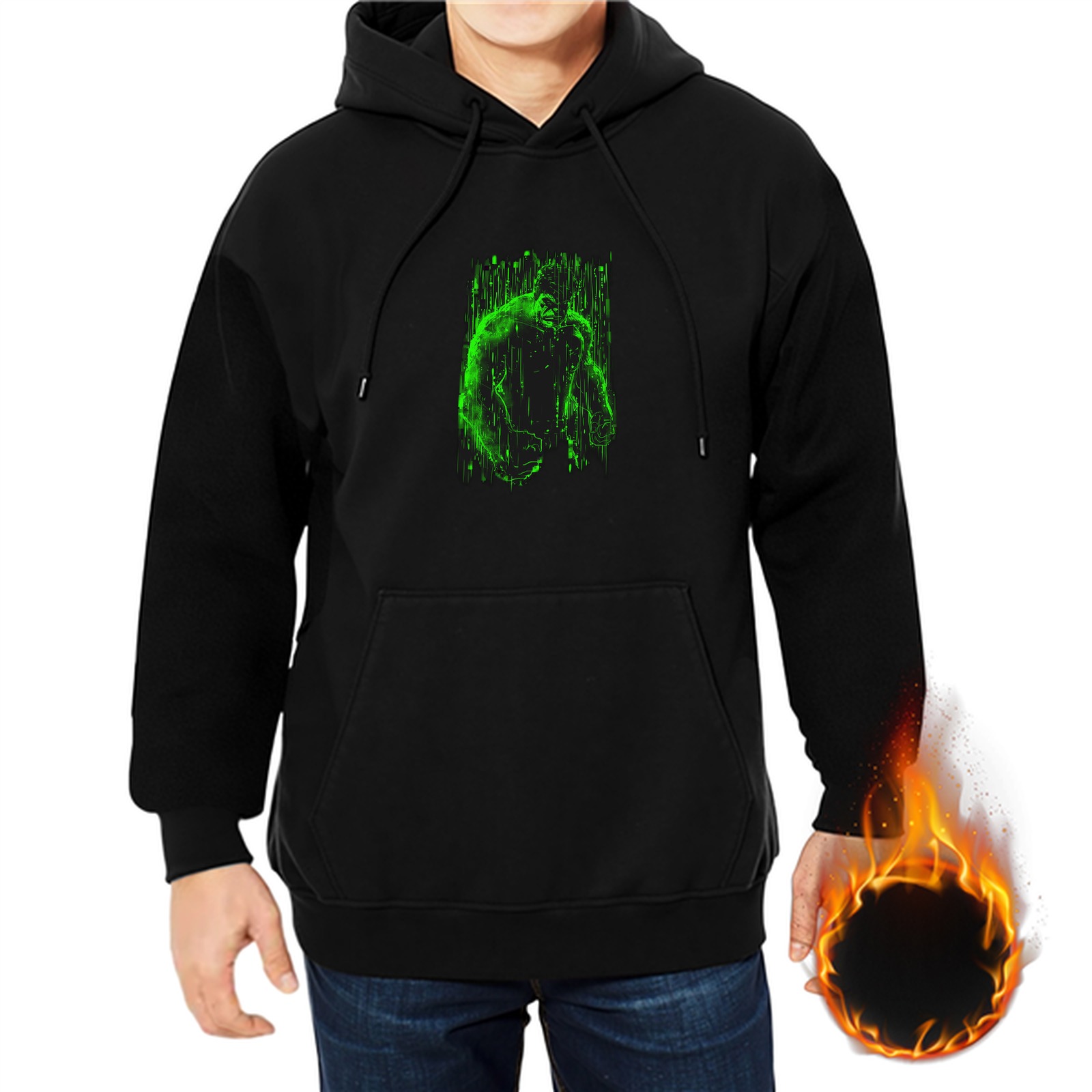 Black Hoodie With Glowing Green Abstract Graphic Print