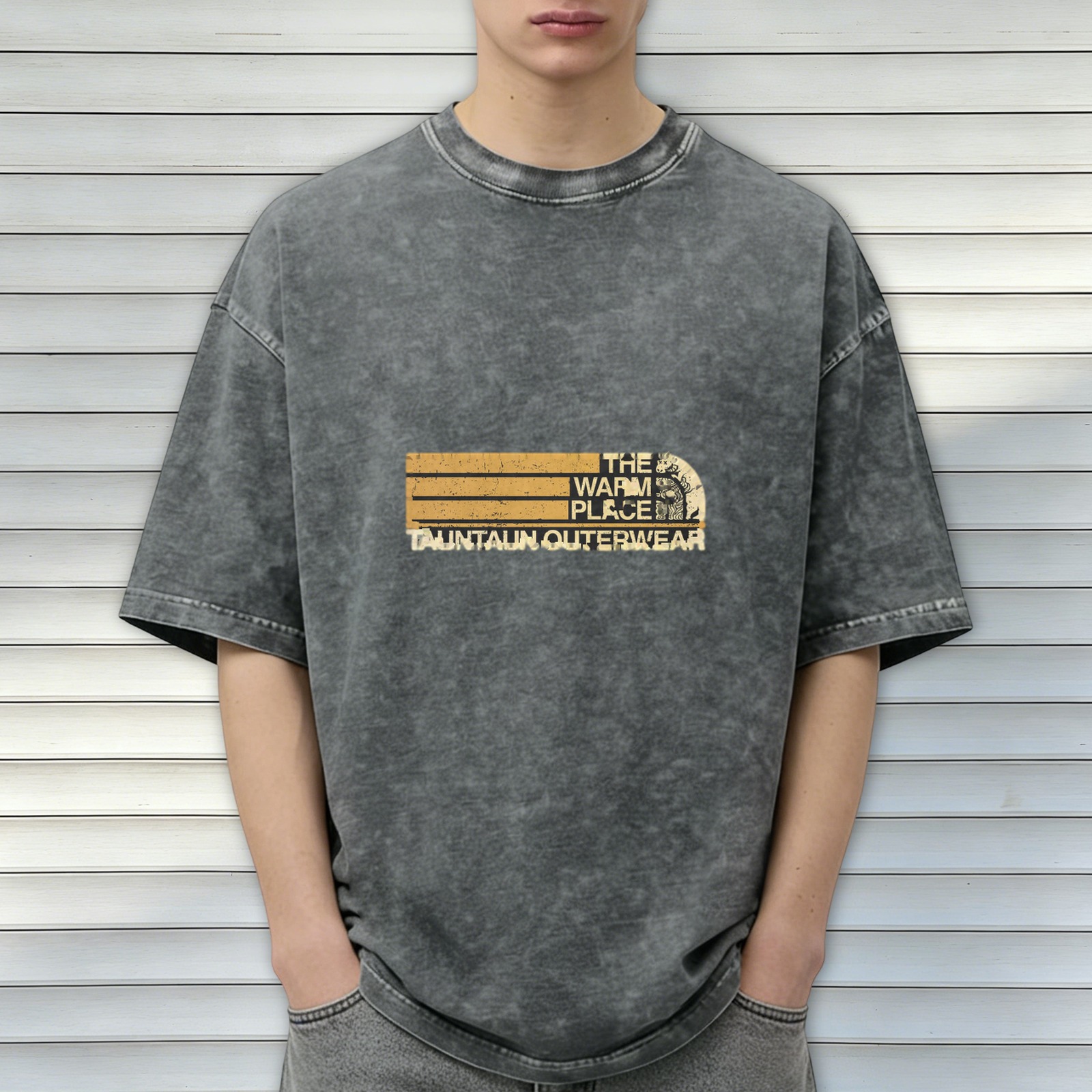 Distressed washed black loose short-sleeved T-shirt Fun spoof outdoor brand printed top