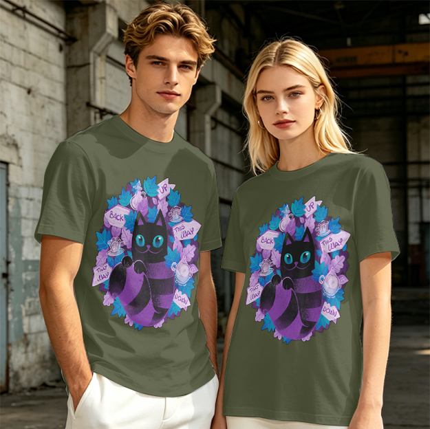 Olive T-Shirt With Whimsical Cheshire Cat Wonderland Art