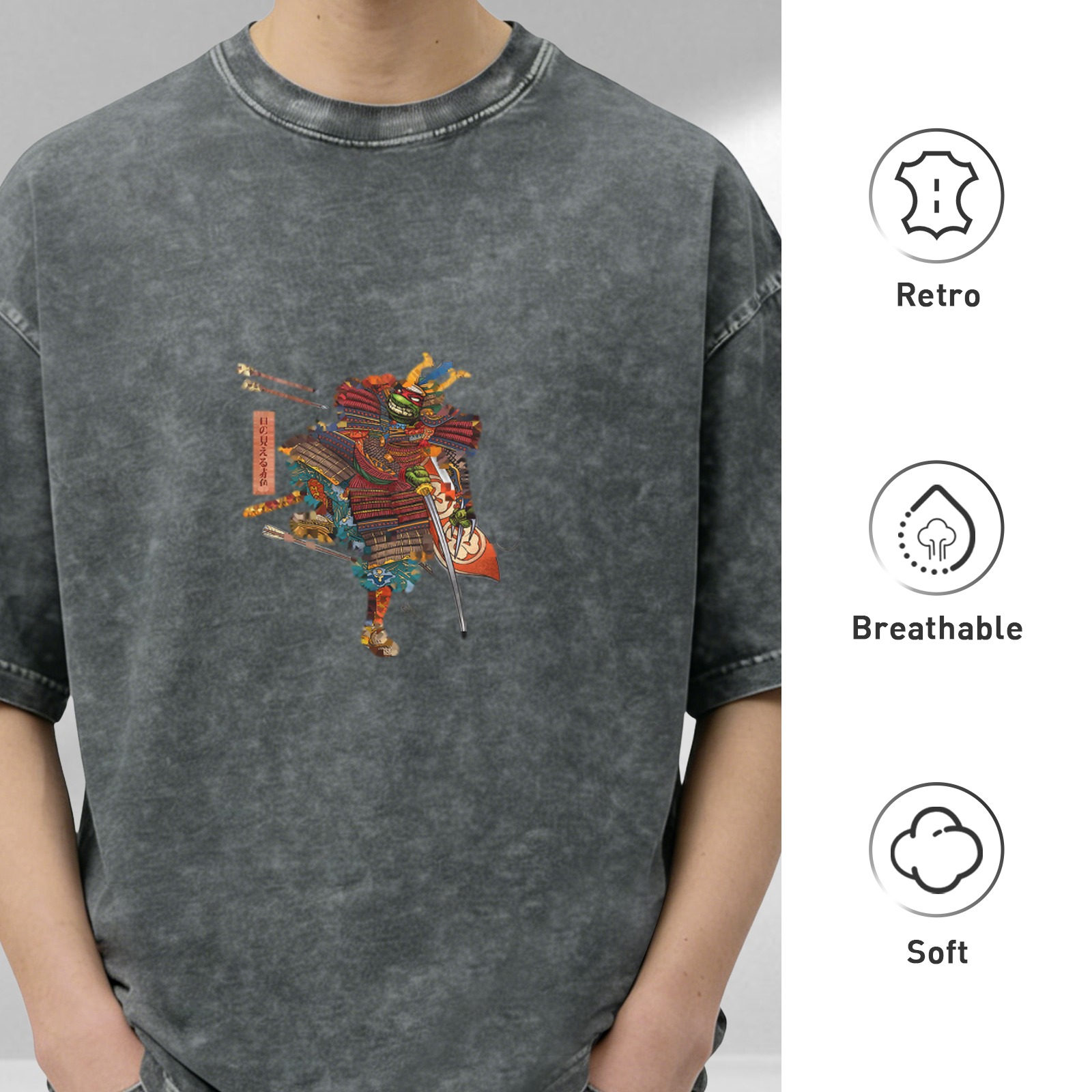 Oversized Acid Wash T-Shirt with Samurai Graphic Print