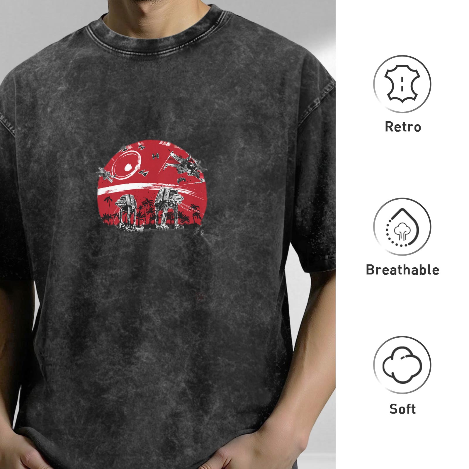 Washed Black Star Wars Graphic T-Shirt with Red Battle Scene Print
