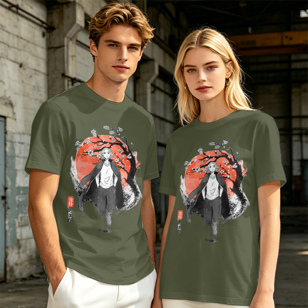 Anime Character with Cherry Blossom Red Moon Graphic T-Shirt