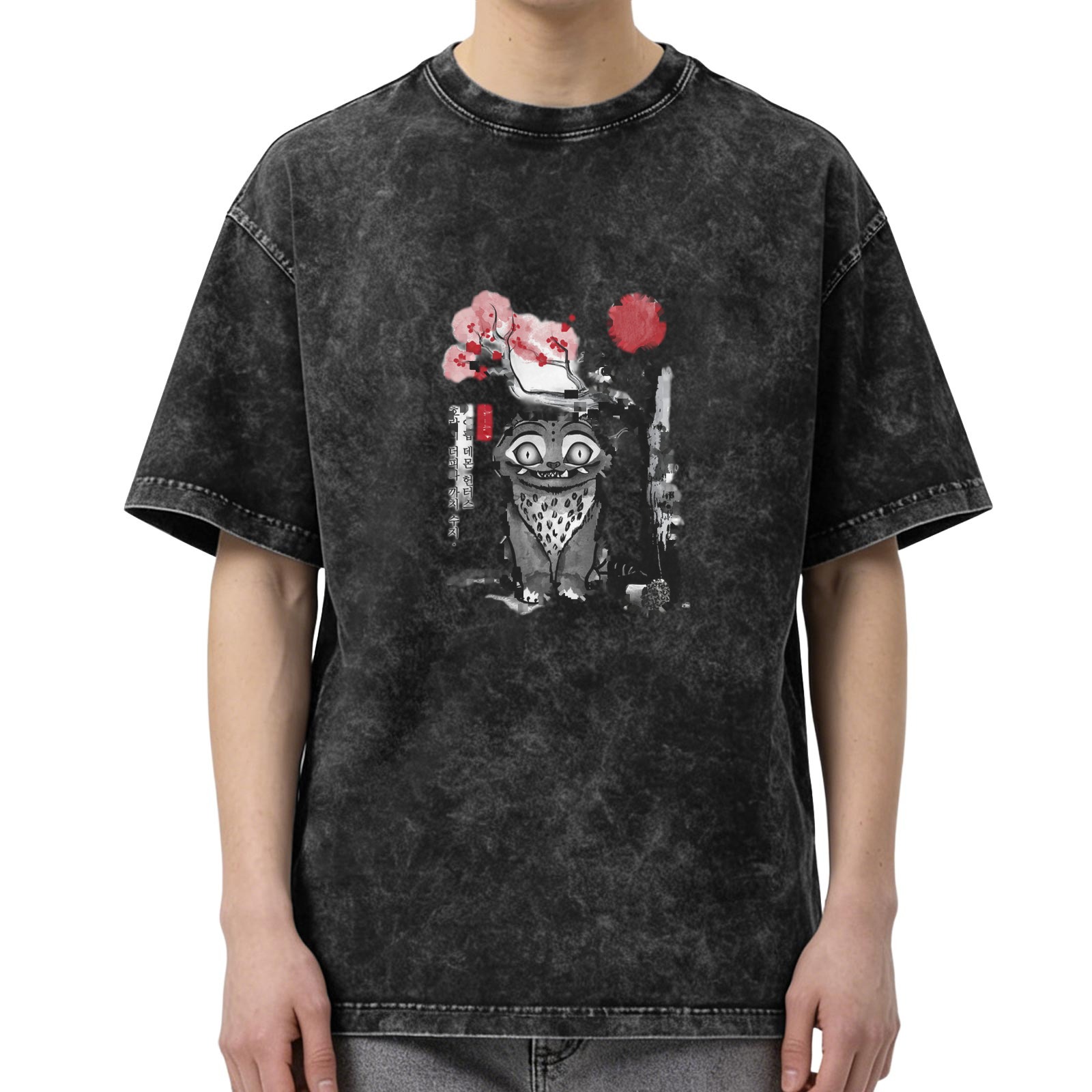 Washed Black Oversized T-Shirt With Japanese Style Yokai Cat Graphic