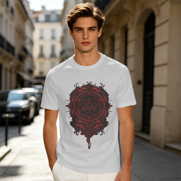 Olive T-Shirt With Red Occult Magic Circle Graphic