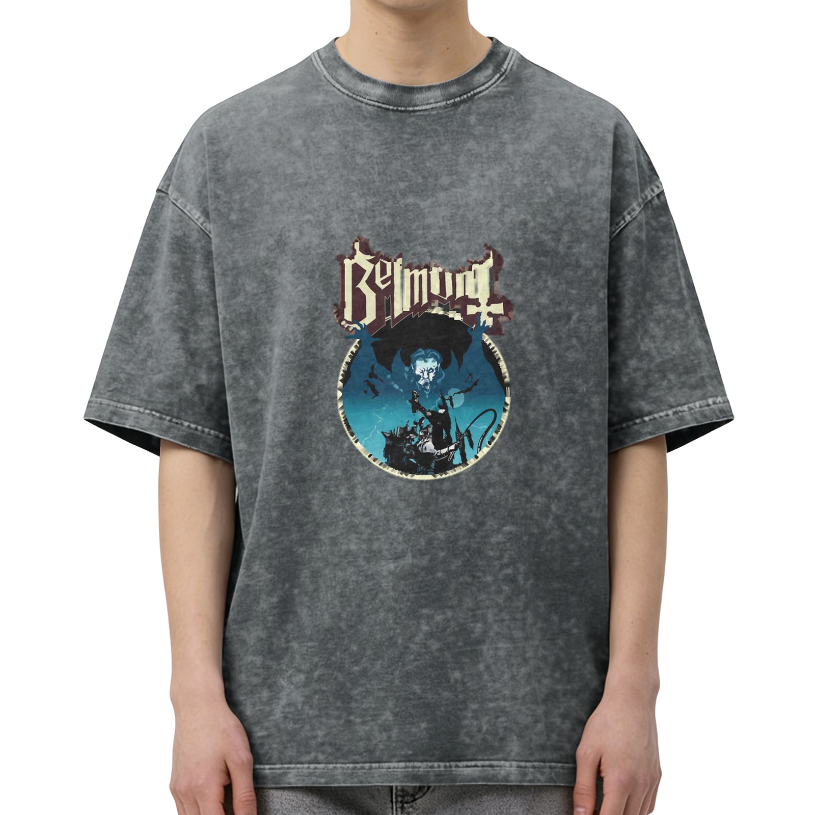 Oversized Dark Wash Graphic T-Shirt with Belmont Vampire Art