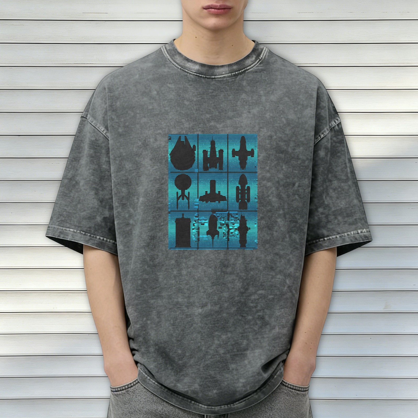 Oversized Stonewashed T-Shirt With Sci-Fi Spaceship Silhouette Grid Design