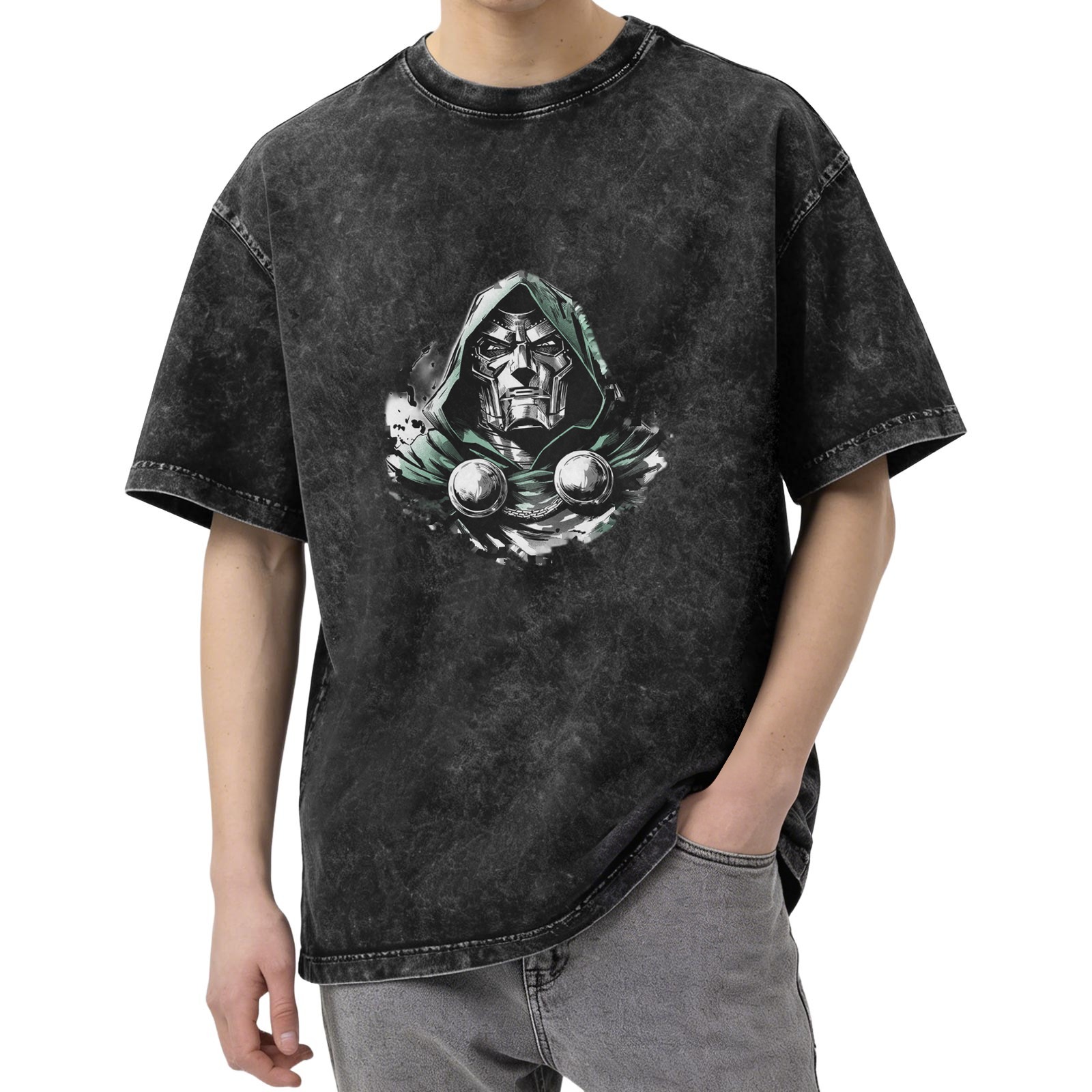 oversized acid wash t-shirt with doctor doom graphic print