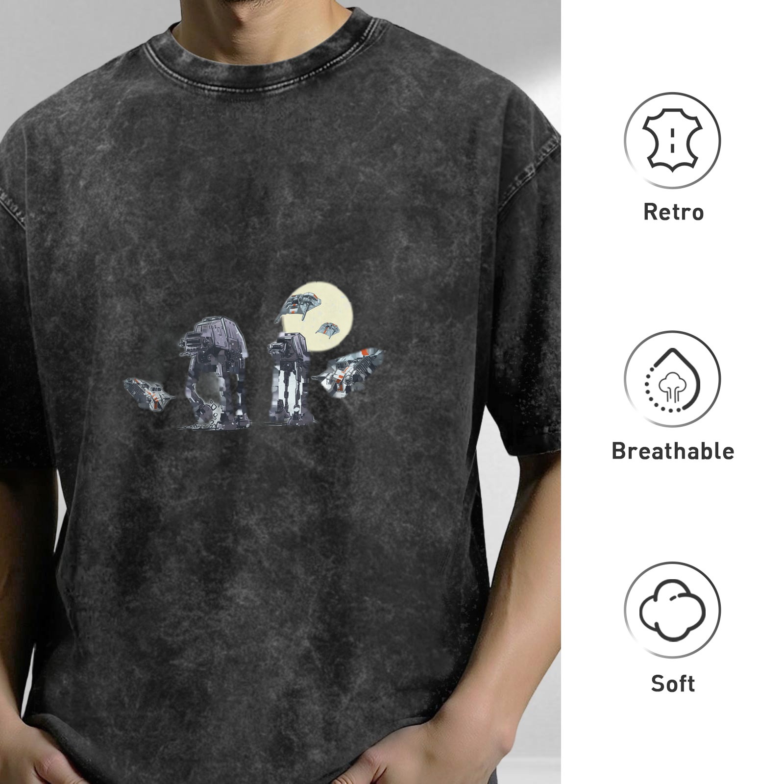 Washed black graphic t-shirt with Star Wars AT-AT and space ships design
