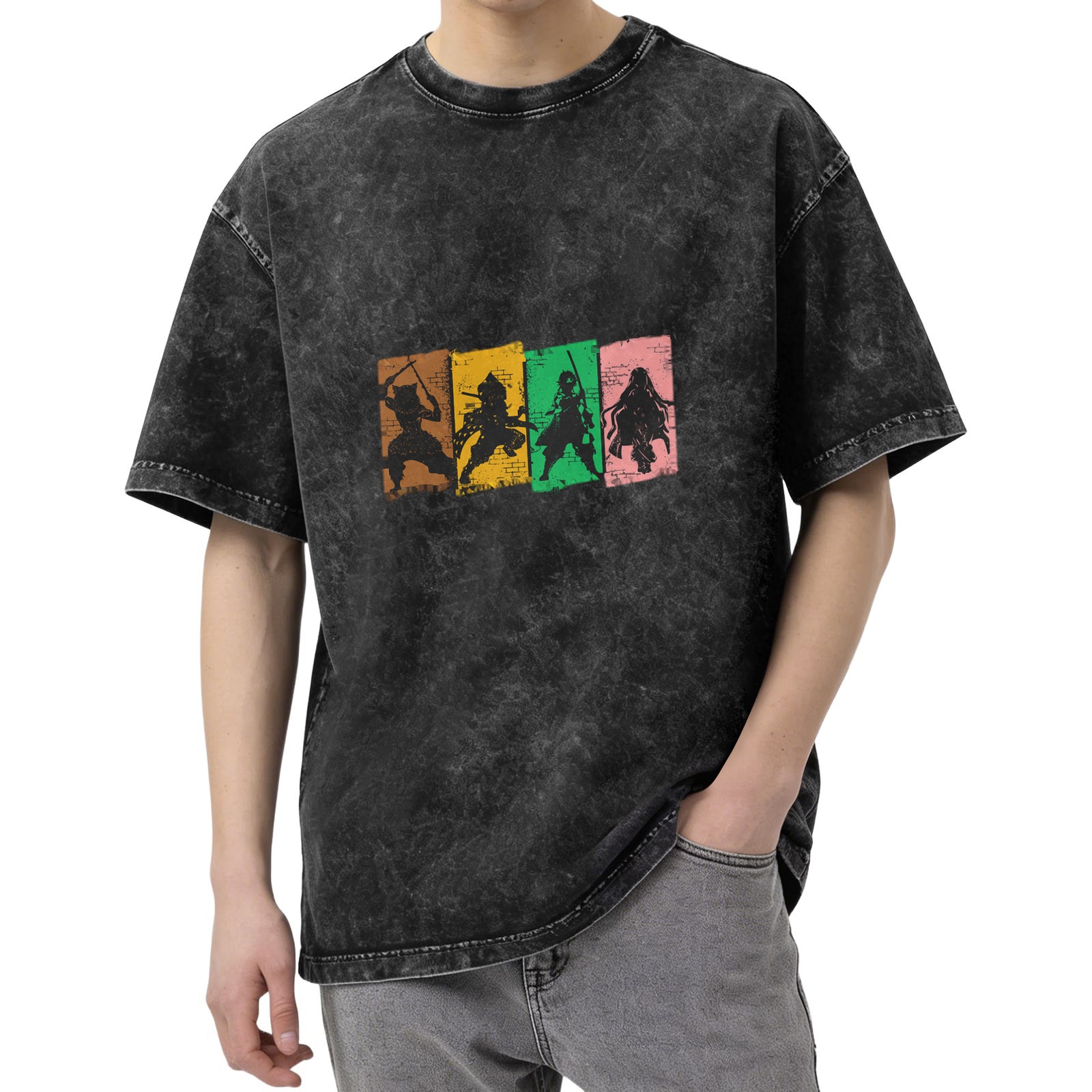 Washed Black Anime Character Silhouette Graphic T-Shirt
